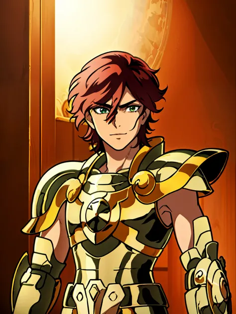 (high-quality, breathtaking),(expressive eyes, perfect face) 1boy, male, solo, red hair, short hair length, green eyes, positive expresion, greek background, portrait, symmetrical eyes, LibraArmor, aarmor, arm_shield, god_cloth, helmet narrow eyes, half op...