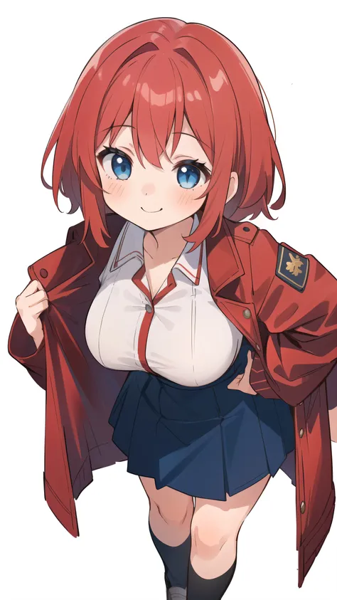 (1girl:1.7), (little female :1.6), ((loli:1.5)) ， ,(very short height:1.5), (red hair:1.3), blue eyes, droopy eyes, (red jacket:1.3), long sleeves, (navy skirt:1.2), (super big breasts:1.5), (medium hair: 1), baggy clothes,young face, short height, , shy A...