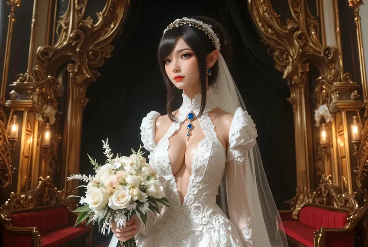  best quality , Super quality, 16k,  Unbelievably Absurd,  very detailed,  lovely photo,  delicate and dynamic,  Kiri Reina female,  seductive smile,  pure white wedding dress ,  great style , bouquet,  steampunk,  DIESEL PUNK ,  clock punk ,  cyberpunk, G...