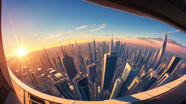 semi-futuristic city scape, wide angle shot, with sun in the horizon