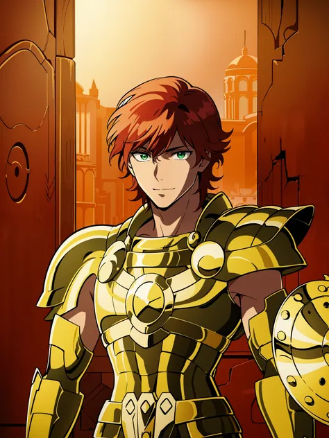 (high-quality, breathtaking),(expressive eyes, perfect face) 1boy, male, solo, red hair, short hair length, green eyes, positive expresion, greek background, portrait, symmetrical eyes, LibraArmor, aarmor, arm_shield, god_cloth, helmet narrow eyes, half op...
