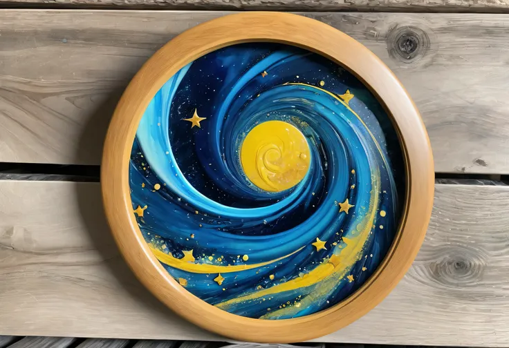 blue and yellow swirl wooden frame painting,  acrylic art ,  resin art , oil on oak wood,  enchanting,  Stars Are Deep Sea Fish , Woodblock print,  Breathtaking Art ,  Amazing Art, neural acrylic paint, Resin painting , super Detailed Acrylic Painting , De...