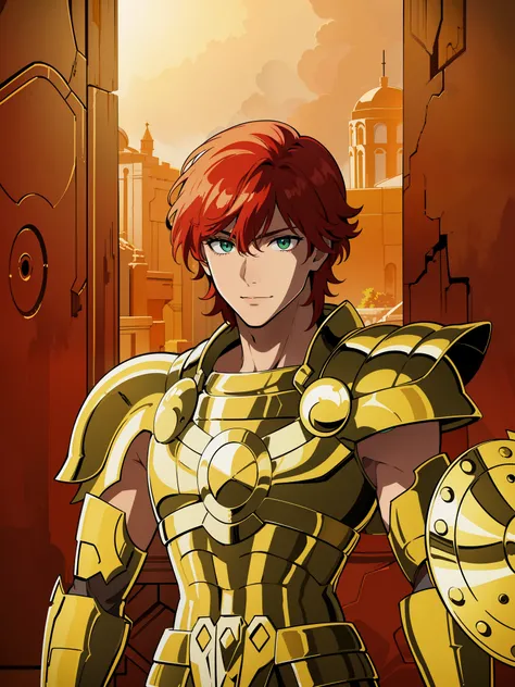 (high-quality, breathtaking),(expressive eyes, perfect face) 1boy, male, solo, red hair, short hair length, green eyes, positive expresion, greek background, portrait, symmetrical eyes, LibraArmor, aarmor, arm_shield, god_cloth, helmet narrow eyes, half op...