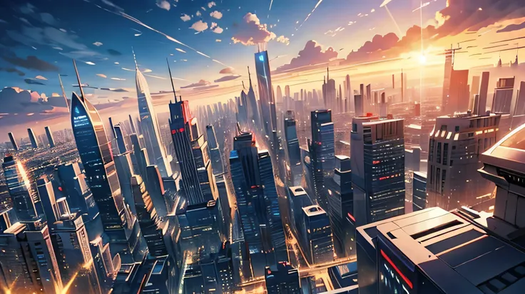 semi-futuristic city scape, wide angle shot, with sun in the horizon