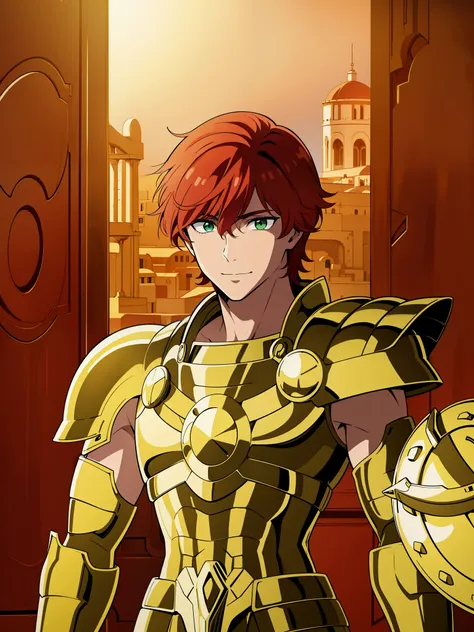 (high-quality, breathtaking),(expressive eyes, perfect face) 1boy, male, solo, red hair, short hair length, green eyes, positive expresion, greek background, portrait, symmetrical eyes, LibraArmor, aarmor, arm_shield, god_cloth, helmet narrow eyes, half op...