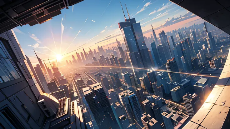 semi-futuristic city scape, wide angle shot, with sun in the horizon