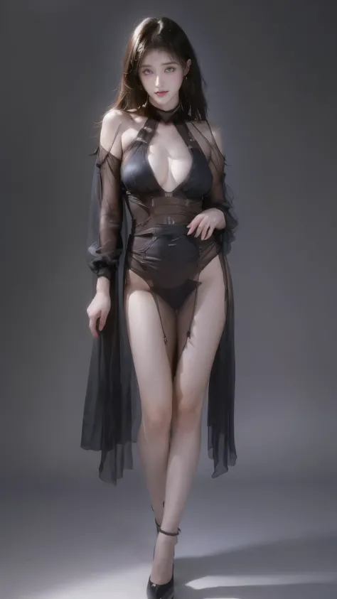 masterpiece,(best quality:1.3),ultra high res,raw photo,detailed skin,beautiful lighting,(realistic, photo-realistic:1.4),1girl,（(Black Mesh Cover-up Dress(Side slits)Wear)),long legs, prefect body，（Huge breasts:1.4）