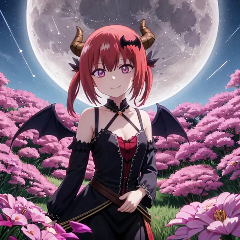 Satanichia McDowell beautiful lonely girl and beautiful smile making a pose
Sitting on the floor 

Semi-long red hair tied with 2 pigtails
And magenta eyes 

dressed in black gothic clothing showing her collarbone 
Demonia horns and wings decent 

detailed...