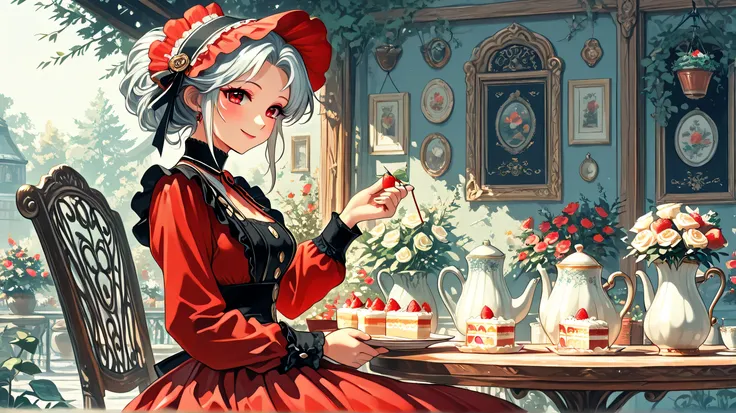 
Masterpiece, Best Quality, Top Quality, Very Detailed, A beautiful anime girl with long, flowing silver hair and bright red eyes, elegantly dressed in a red and white gothic-inspired outfit with intricate details. She sits gracefully at an outdoor tea par...