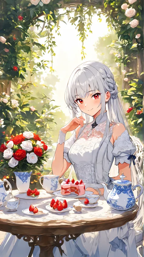 Masterpiece, Best Quality, Top Quality, Very Detailed, A beautiful anime girl with long, flowing silver hair and bright red eyes, elegantly dressed in a red and white gothic-inspired outfit with intricate details. She sits gracefully at an outdoor tea par...