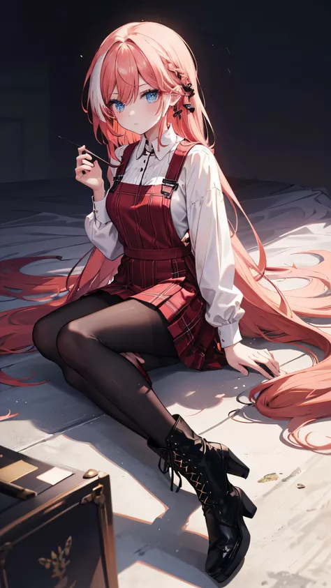 One with long red hair, she wears a plaid skirt and high boots。Wearing a white shirt and boots with red stripes，The overall style looks very stylish and vibrant。 her hair is long ，Also decorated with a hairpin。 black pantyhose 