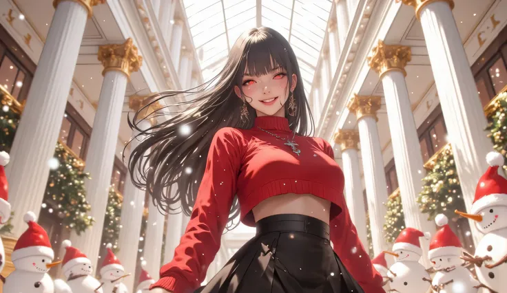 
Masterpiece, Best Quality, Top Quality, Very Detailed, A cheerful anime girl with long, flowing black hair and striking red eyes, standing in an elegant winter-themed hall. She wears a festive red cropped sweater and a stylish black pleated skirt, exuding...