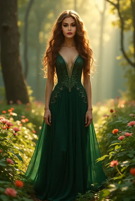 a young woman as a princess wearing a stunning and glowing long dark green dress, she has a long curly brown hair standing in the glowy Manali forest