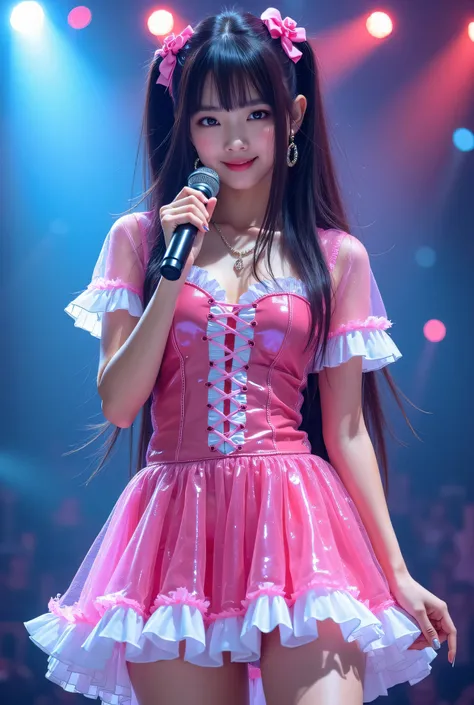 Create a highly detailed, realistic image of a young woman with long, dark hair styled with two small pink bows on either side. She is wearing a vibrant and transparent shinning glossy pink short dress that has a layered, frilly design with white ruffled e...