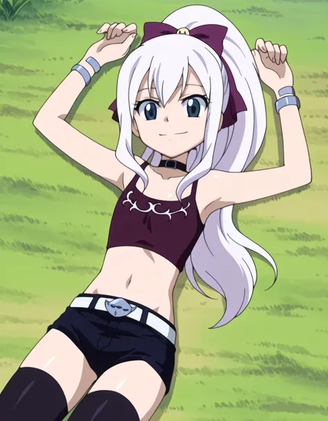 mj, 1girl, flat chest, blue eyes, long hair, white hair, ponytail, choker, collarbone, bare shoulders, tank top, crop top, short shorts, black shorts, black thighhighs, bracelet, anime screencap, shiny skin, high quality, solo, lying, on back, arms up, clo...