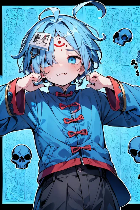 ((1-boy :1.3)),((handsome:1.2)),((adult male:1.15)),((Alone:1.1)),short hair,(straight hair:1.15),(ahoge:1.3),blue hair,((Pastel blue eyes:1.25)),((look stupefied:1.1)),skinny body,((Jiangshi style:1.2)),((Overly long sleeves:1.25)),((eerily glowing eyes:1...