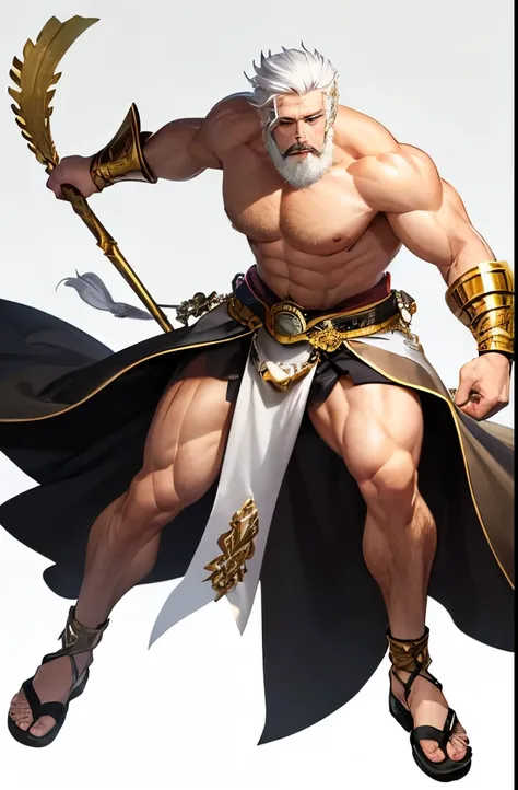 White Hair, White Beard, White Full Glowing Eyes, Muscular Body, Full Body, White Background, Greek Sandals, Golden Wrists, Thunder, Green Laurels.