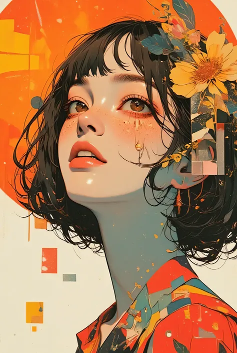  femme riant comme une folle,Rétroéclairage du soleil ,tournesol,  Peinture pop art  , pop art , ( collage ), added  détails,  gros plan, un collage artistique contemporain, graphic  détails, collage découpé,  détails,  illustration de profil , collage num...