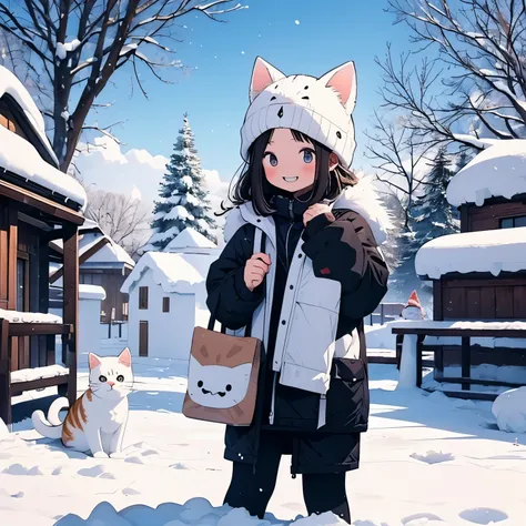 masterpiece、A snowy town  、Two girls personify a baby cat  、  body 、 chibi、     catches a cat's ears and tail 、snowball fight  ,   happy expression in a high room