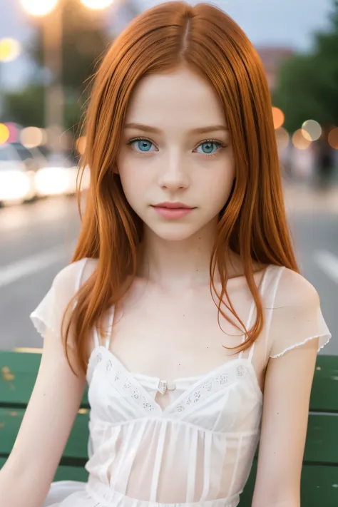 (8yo skinny redhead girl:1.2) ((white sheer clothes)) in a bench at night waiting for a bus, cute young girl, beautiful young girl, she has long red hair, emerald green eyes, she is redhead, red haired girl, very pretty model, beautiful girl model, she ha...