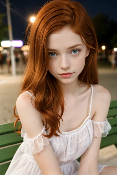 (8yo skinny redhead girl:1.2) ((white sheer clothes)) in a bench at night waiting for a bus, cute young girl, beautiful young girl, she has long red hair, emerald green eyes, she is redhead, red haired girl, very pretty model, beautiful girl model, she ha...