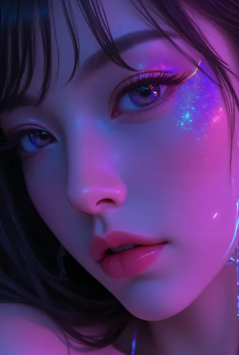 80’s glam rock makeup on shiny android face, anime, 2.5D, Glittery face, moody lighting, (purples, pinks, and blues), iridescent face, abstract ai model, pretty, sexy, minimal, sleek, slender, asian, elegant, chic, futuristic, retro, sophisticated half hum...