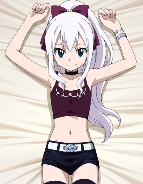 mj, 1girl, flat chest, blue eyes, long hair, white hair, ponytail, choker, collarbone, bare shoulders, tank top, crop top, short shorts, black shorts, black thighhighs, bracelet, anime screencap, shiny skin, high quality, solo, lying, on back, arms up, clo...