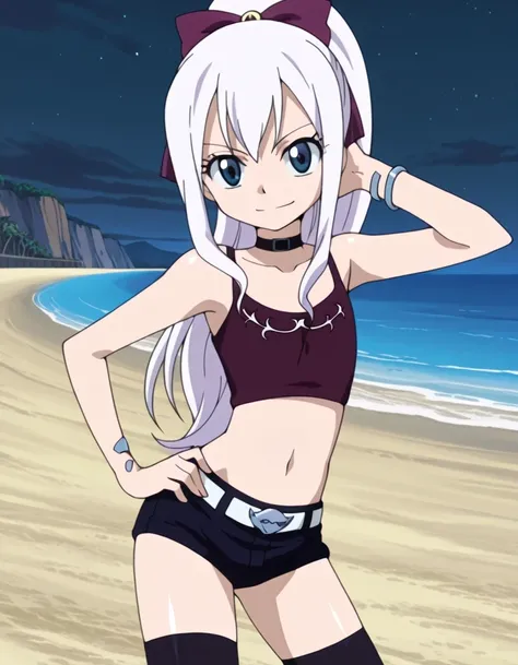 mj, 1girl, flat chest, blue eyes, long hair, white hair, ponytail, choker, collarbone, bare shoulders, tank top, crop top, short shorts, black shorts, black thighhighs, bracelet, anime screencap, shiny skin, solo, night sky, beach, hand behind head, hand o...