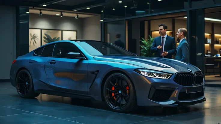 A hyper-realistic ultra HD 8K cinematic image capturing the BMW M9’s custom paint job in a luxury showroom. The exclusive color features a dynamic pearlescent finish that shifts between deep blue and metallic silver under changing light conditions. The car...