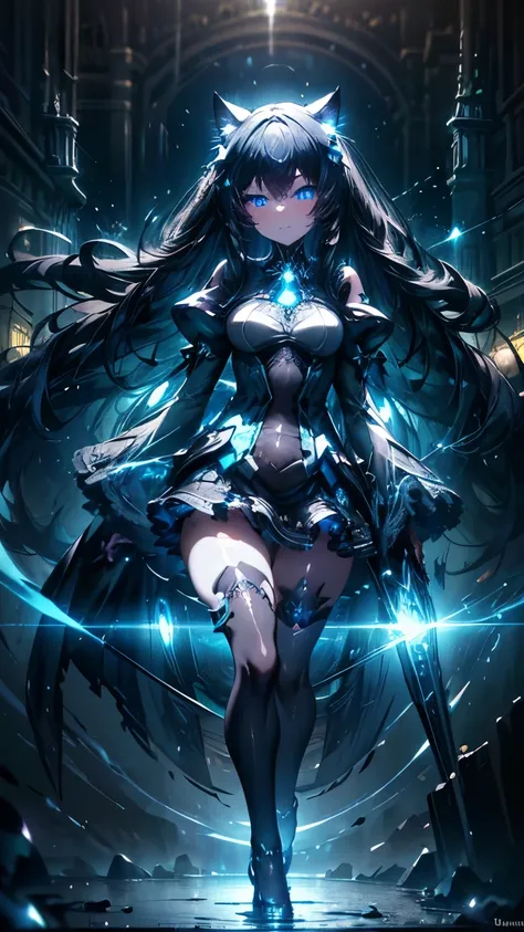 ( high resolution, masterpiece, accurate, anatomically correct, Highest quality, high detail, very detailed, )、
Cat ears、long black hair、 beautiful blue eyes、detailed eyes、detailed eyes、 princess night 、miniskirt、Blue dress 1 .2、 very delicate and beautifu...