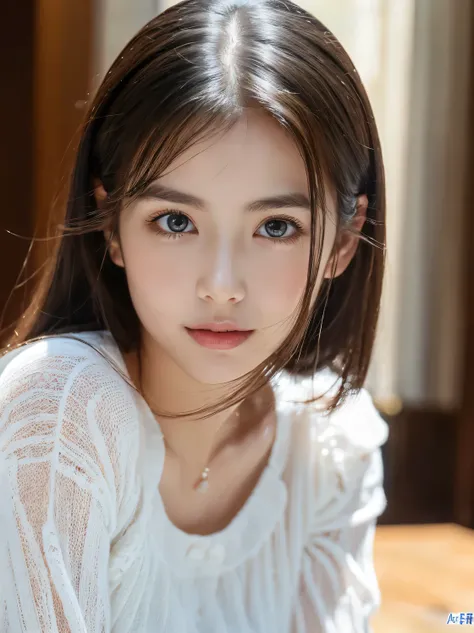 (((32ｋ, high details, high detail、 Masterpiece,  attention to detail , alone))), RAW Photo  &   realistic atmosphere, beautiful dark blue eyes ,Detailed mouth, glossy lips, thin eyebrows, beautiful eyes、 Soft white skin that shines in every detail 、Her dee...