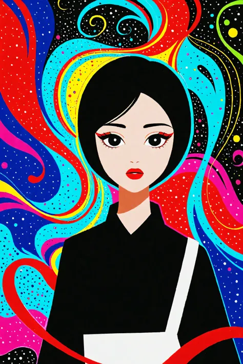 Expressionist artwork image of a single floating ceramic head, face, korean woman, colorful, color splash, neon colors, make it weird and gallery worthy