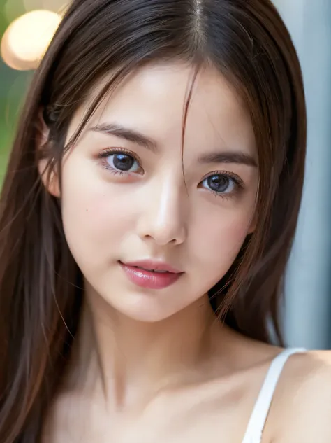 (((32ｋ, high details, high detail、 Masterpiece,  attention to detail , alone))), RAW Photo  &   realistic atmosphere, beautiful dark blue eyes ,Detailed mouth, glossy lips, thin eyebrows, beautiful eyes、 Soft white skin that shines in every detail 、Her dee...