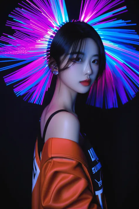 Expressionist artwork image of a single floating ceramic head, face, korean woman, colorful, color splash, neon colors, make it weird and gallery worthy