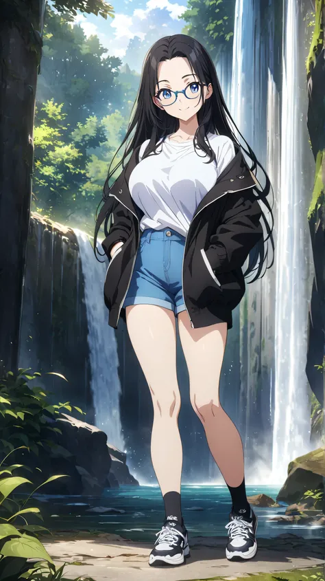 full body, 1 female middle school student,blue-rimmed glasses,standing,smile,plain white top under black jacket,Blue shorts, black socks,Sneakers,long hair,  black hair, Forehead,Big Breasts,blue eyes,nature,waterfall,finely detailed  beautiful face, High ...