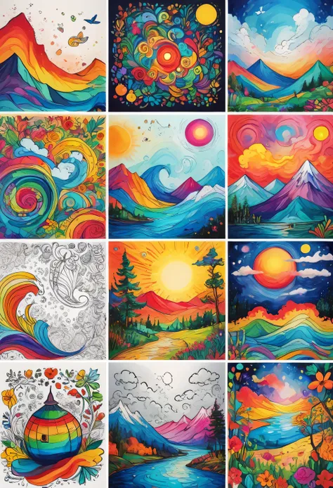 Packs of colorful doodle art, hand painting, 9 images in one pack