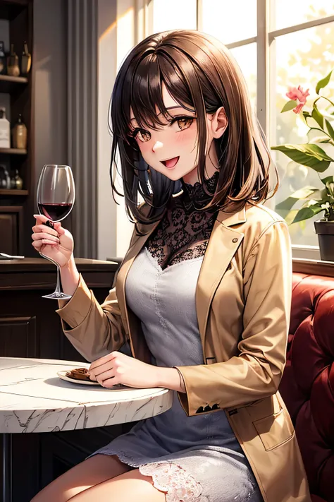 A poised LADY,chestnut-colour medium length hair,((( brown eyes))),In a soft lavender lace dress and beige short jacket, she sits at a table in an elegant French restaurant, holding a wine glass while engaged in sophisticated conversation. Sunlight streams...