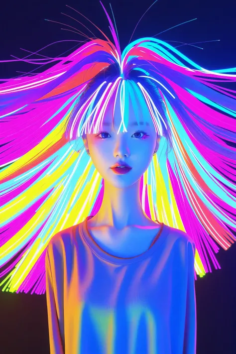 Expressionist artwork image of a single floating ceramic head, face, korean woman, colorful, color splash, neon colors, make it weird and gallery worthy