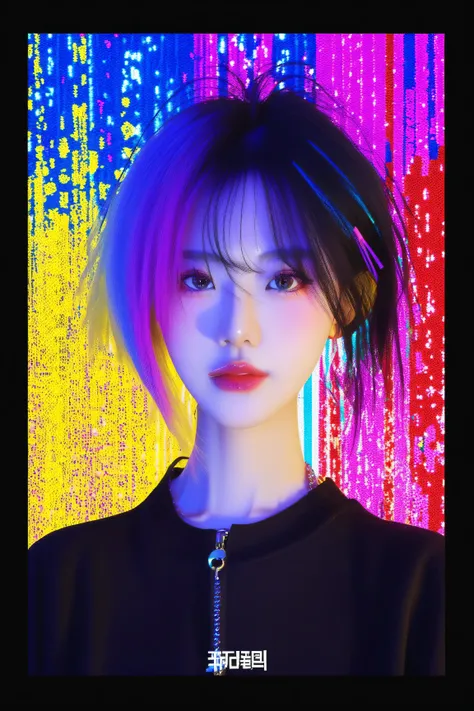 Expressionist artwork image of a single floating ceramic head, face, korean woman, colorful, color splash, neon colors, make it weird and gallery worthy