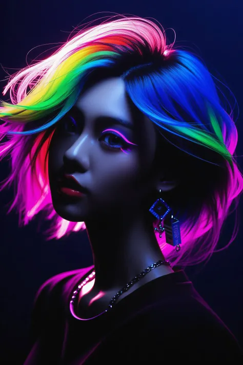 Expressionist artwork image of a single floating ceramic head, face, korean woman, colorful, color splash, neon colors, make it weird and gallery worthy