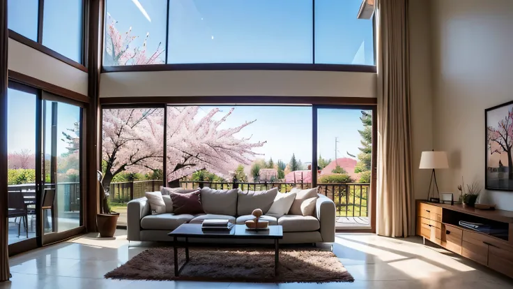 masterpiece, best quality,((Photo-realistic)),(Stylish living room),(wide),(High ceilings), spring, outside a window cherry tree, ((nice view))