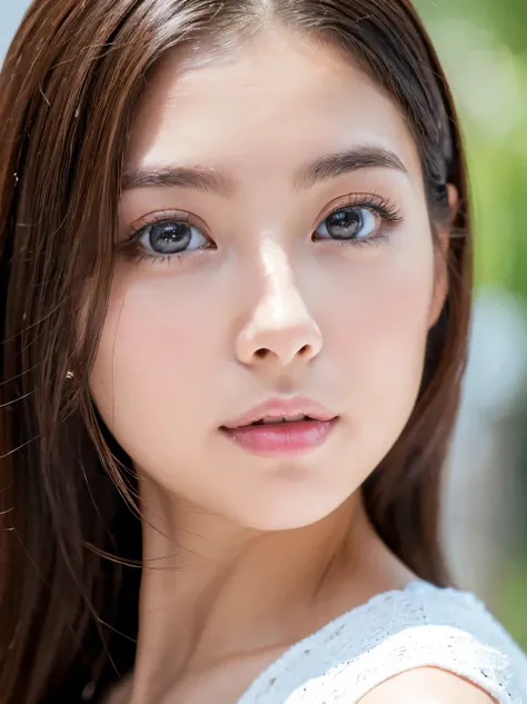 (((32ｋ, high details, high detail、 Masterpiece,  attention to detail , alone))), RAW Photo  &   realistic atmosphere, beautiful dark blue eyes ,Detailed mouth, glossy lips, thin eyebrows, beautiful eyes、 Soft white skin that shines in every detail 、Her dee...