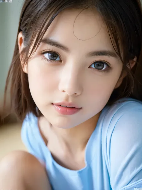 (((32ｋ, high details, high detail、 Masterpiece,  attention to detail , alone))), RAW Photo  &   realistic atmosphere, beautiful dark blue eyes ,Detailed mouth, glossy lips, thin eyebrows, beautiful eyes、 Soft white skin that shines in every detail 、Her dee...