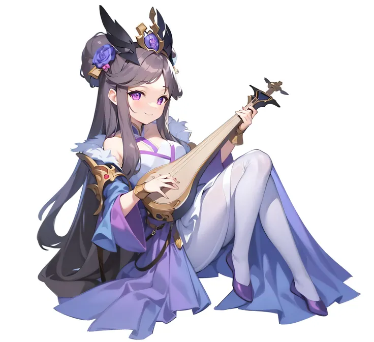 （ Nashida ），  masterpiece, Q version two-dimensional anime-style illustration， masterpiece，Best Quality， super high quality，8k，Hanfu，Ethnic style，antiquity，full body，white background，Fantasy Westward Journey， girl，Musical Instruments， Alone，Hair accessorie...