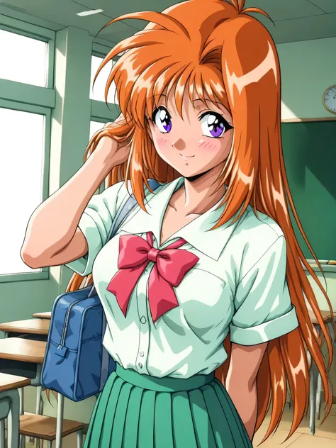 masterpiece, best quality, SaekiRuruna, 1girl, solo, long hair, orange hair, purple eyes, medium breasts, antenna hair, Fruitfulness, smile, blush, 1990s \(style\),School Uniform,Collared shirt,short sleeves,bag,arms behind back,large midium brests,green p...