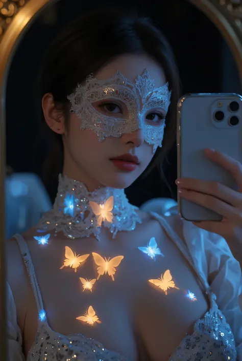 Closeup of a woman taking a selfie with her whole body facing the mirror in ins style,   and focus on the right side  , Dressed in luxury,   the intricate masquerade mask that covers the eyes and upper nose  .   The mask uses a lace-like pattern  ,   conta...