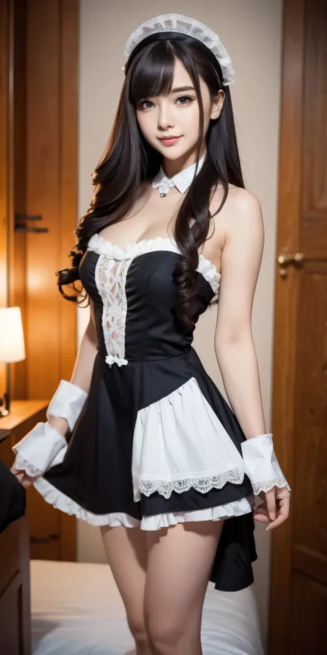 (masterpiece), best quality, pov from back, night, expressive eyes, perfect face, 1girl, 23 years old, large breasts, waist-length hair, wavy hair, black hair color, thin smile, Looking at viewer, mini dress, (black dress),strapless Maid uniform, white mai...