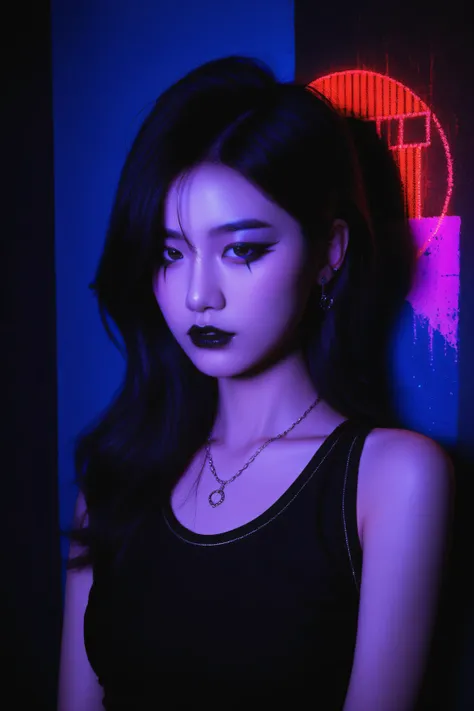 Expressionist artwork image of a goth girl, portrait, korean woman, colorful, color splash, neon colors, make it weird and gallery worthy, tank top, 