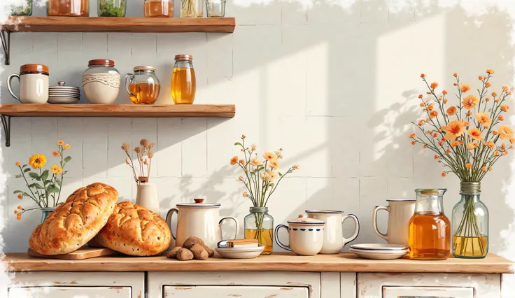 A vintage watercolor kitchen scene with rustic wooden shelves, ceramic mugs, jars of honey, fresh-baked bread, and wildflowers in glass bottles