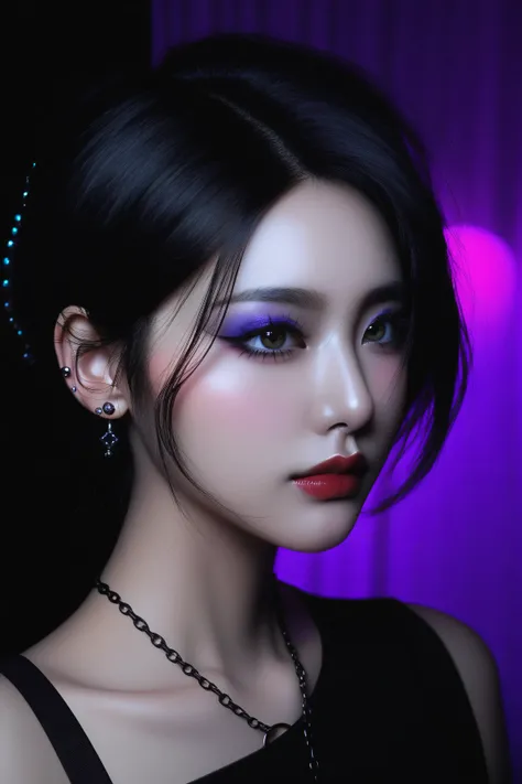 Expressionist artwork image of a goth girl, portrait, korean woman, colorful, color splash, neon colors, make it weird and gallery worthy, street fashion,